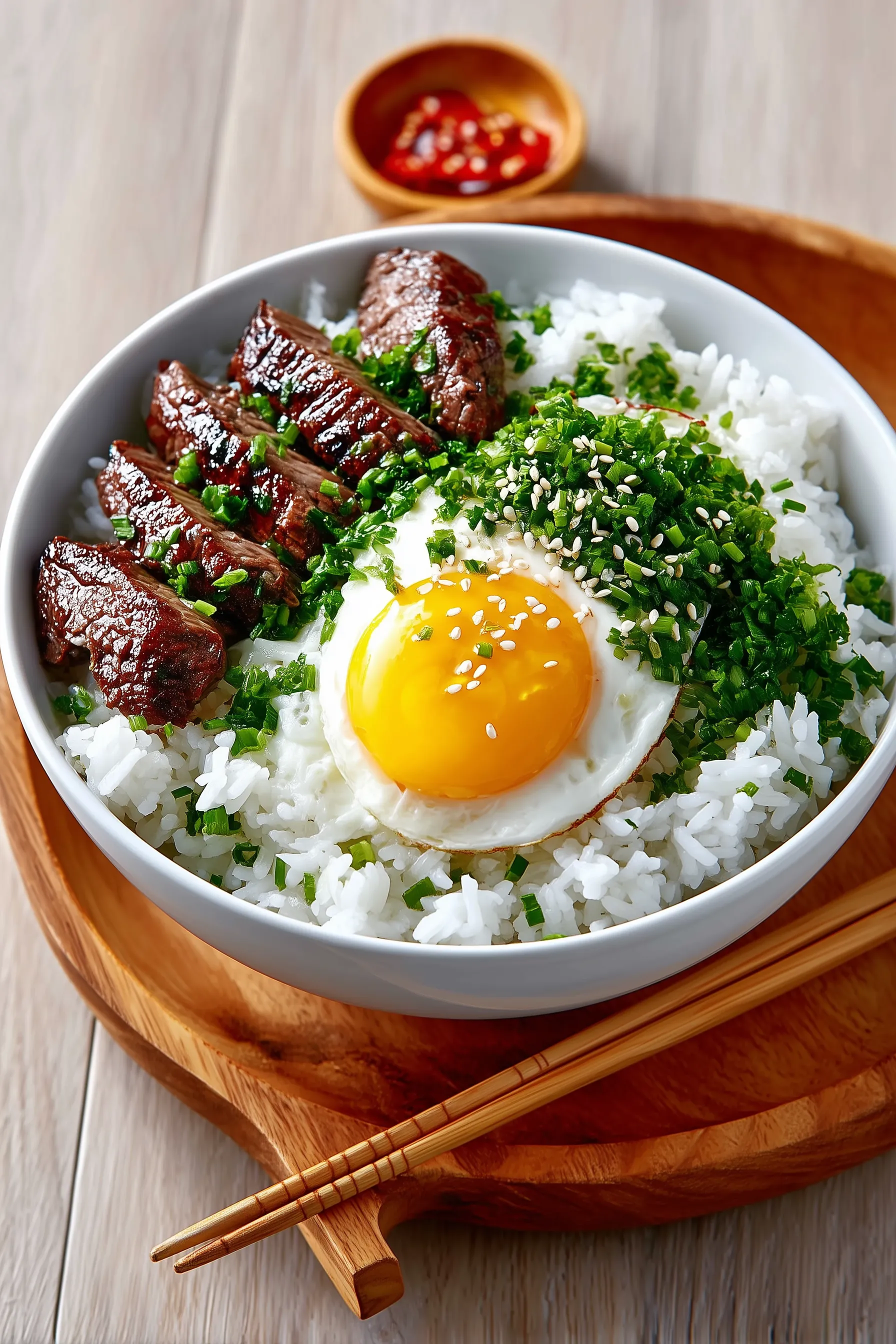 A bowl of rice with meat and an egg.