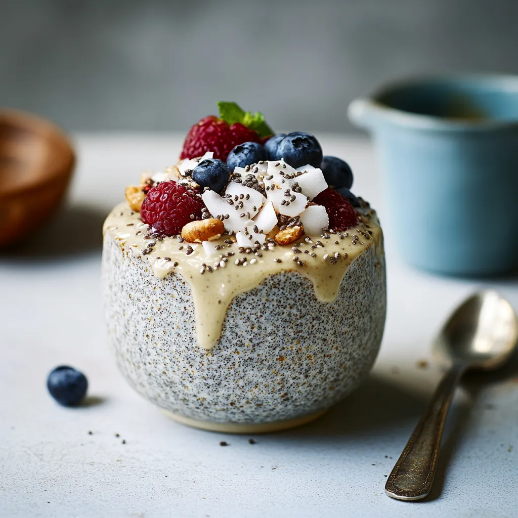 A bowl of granola with blueberries and raspberries.