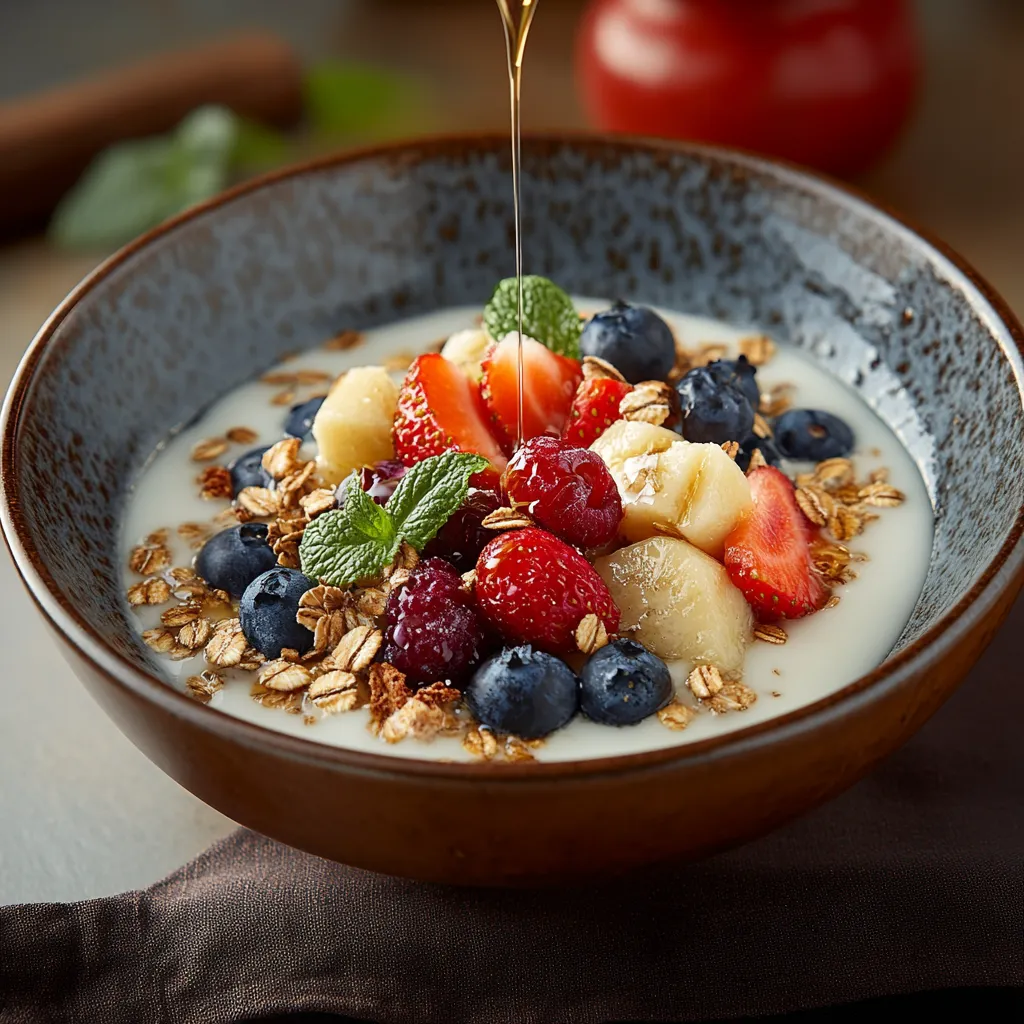 A bowl of granola with strawberries and blueberries.