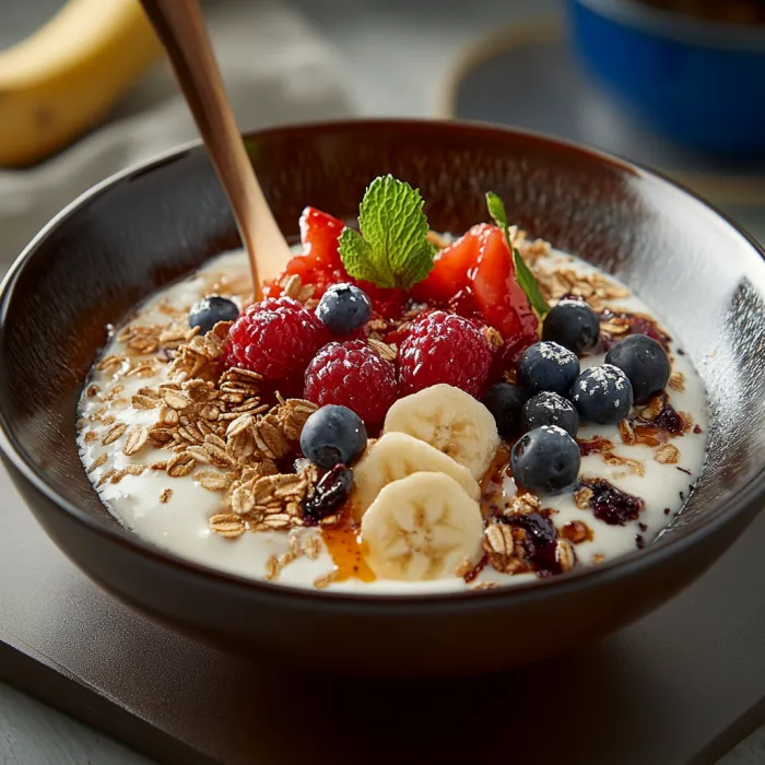 Bowl of cereal with bananas and strawberries.