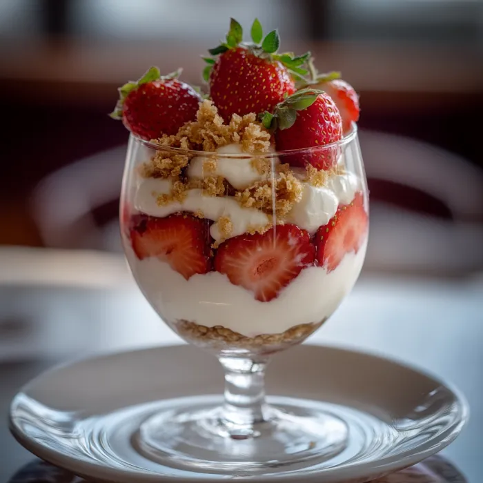 A glass of strawberry yogurt with granola.