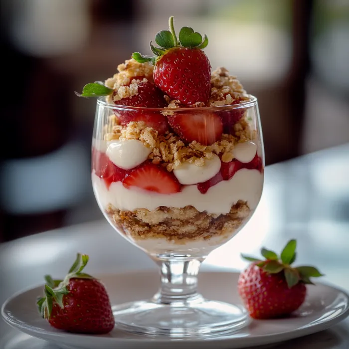 A glass bowl filled with strawberries and granola.