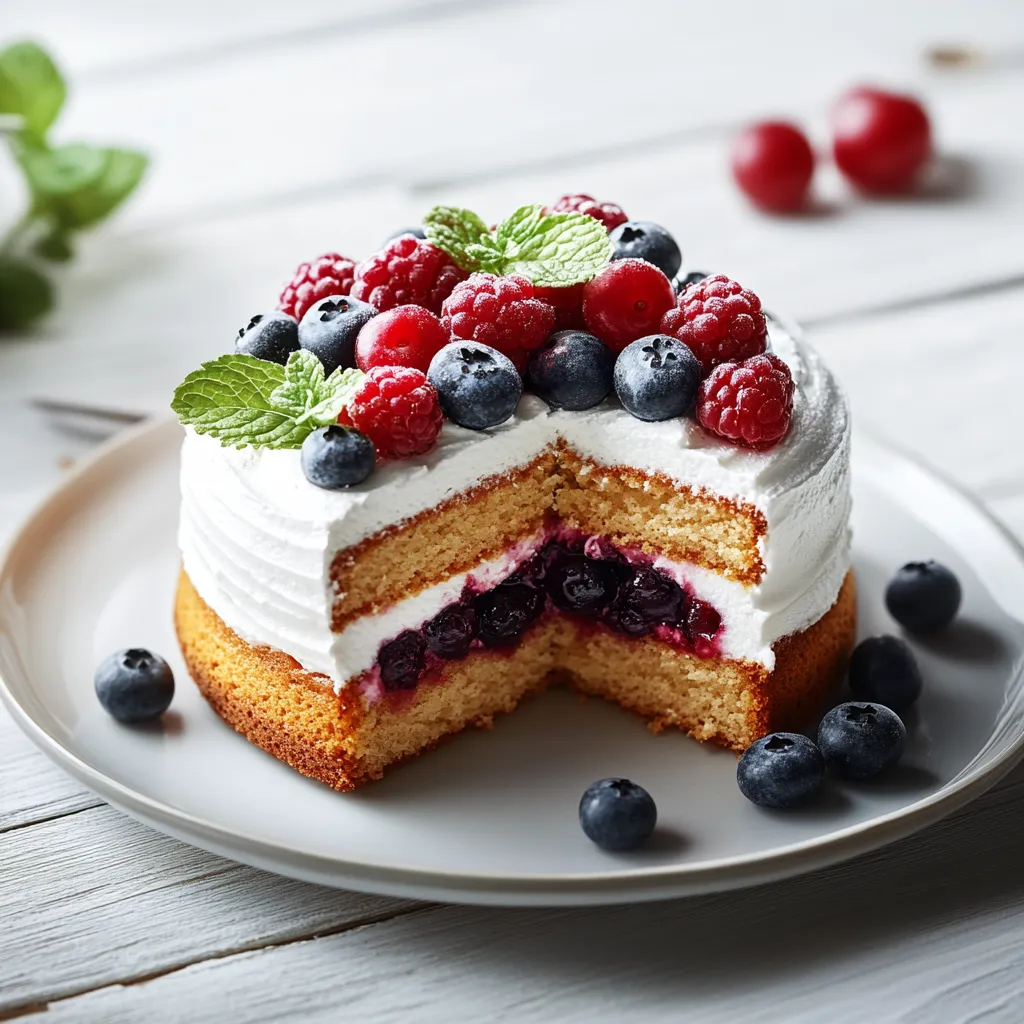 A slice of cake with berries on top.