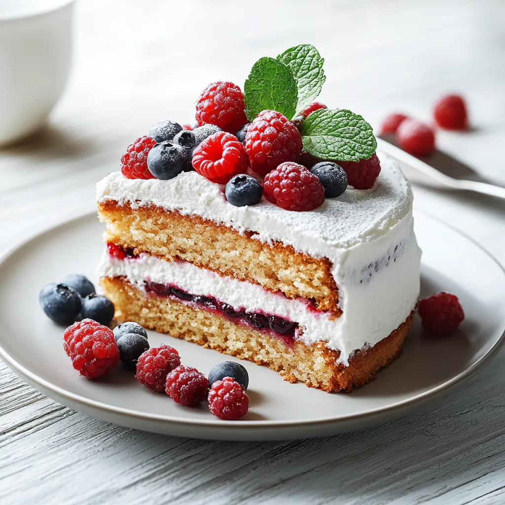 A slice of cake with berries on top.