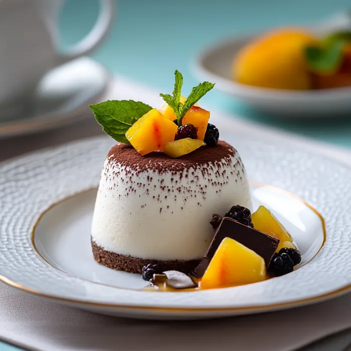 A dessert on a plate with a mint leaf on top.