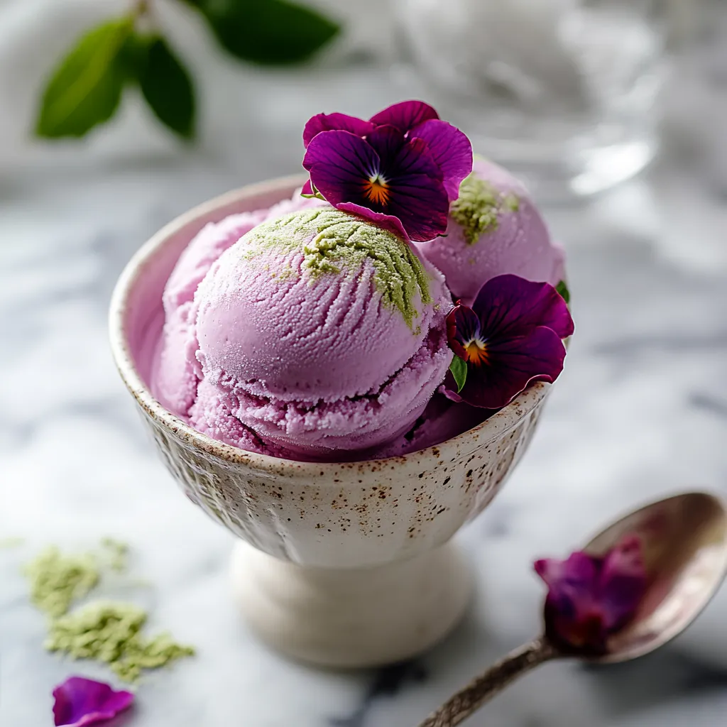 Bowl of purple ice cream with purple flowers.
