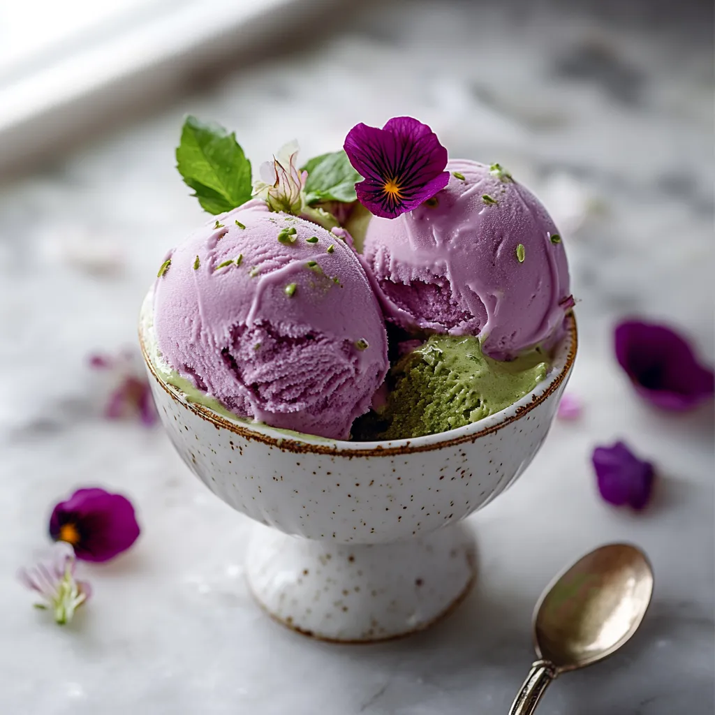 A bowl of purple ice cream with a flower on top.