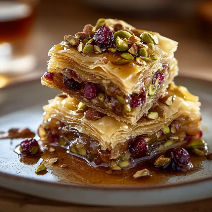 A stack of pastry with nuts and fruit on top.