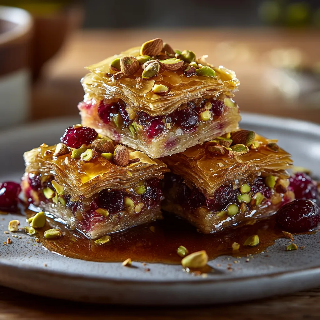 A stack of pastry with nuts and fruit on top.