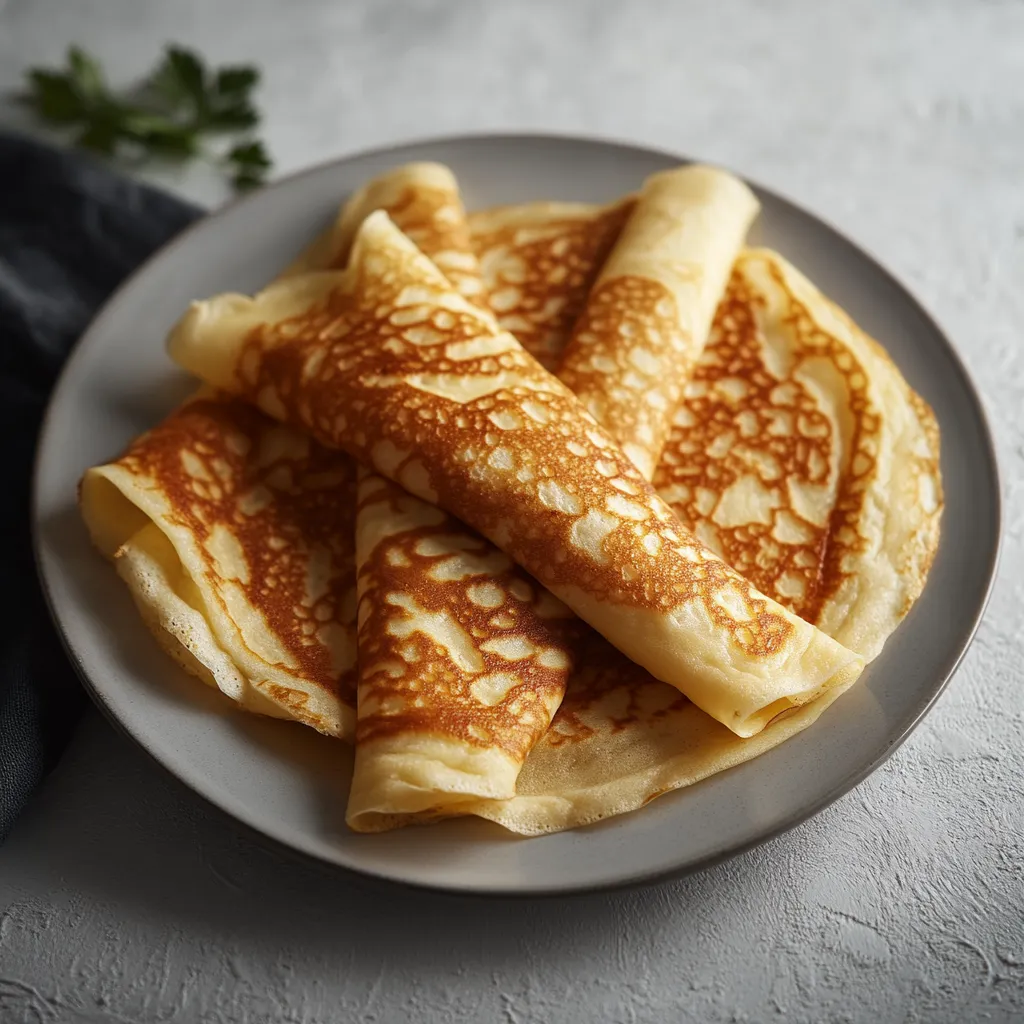 A plate of crepes with a green herb on the side.