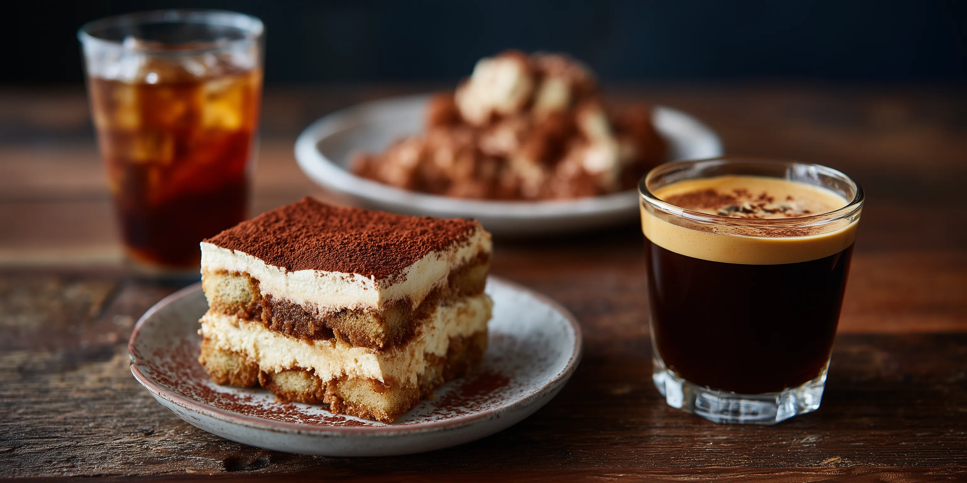 A slice of cake and a glass of coffee.