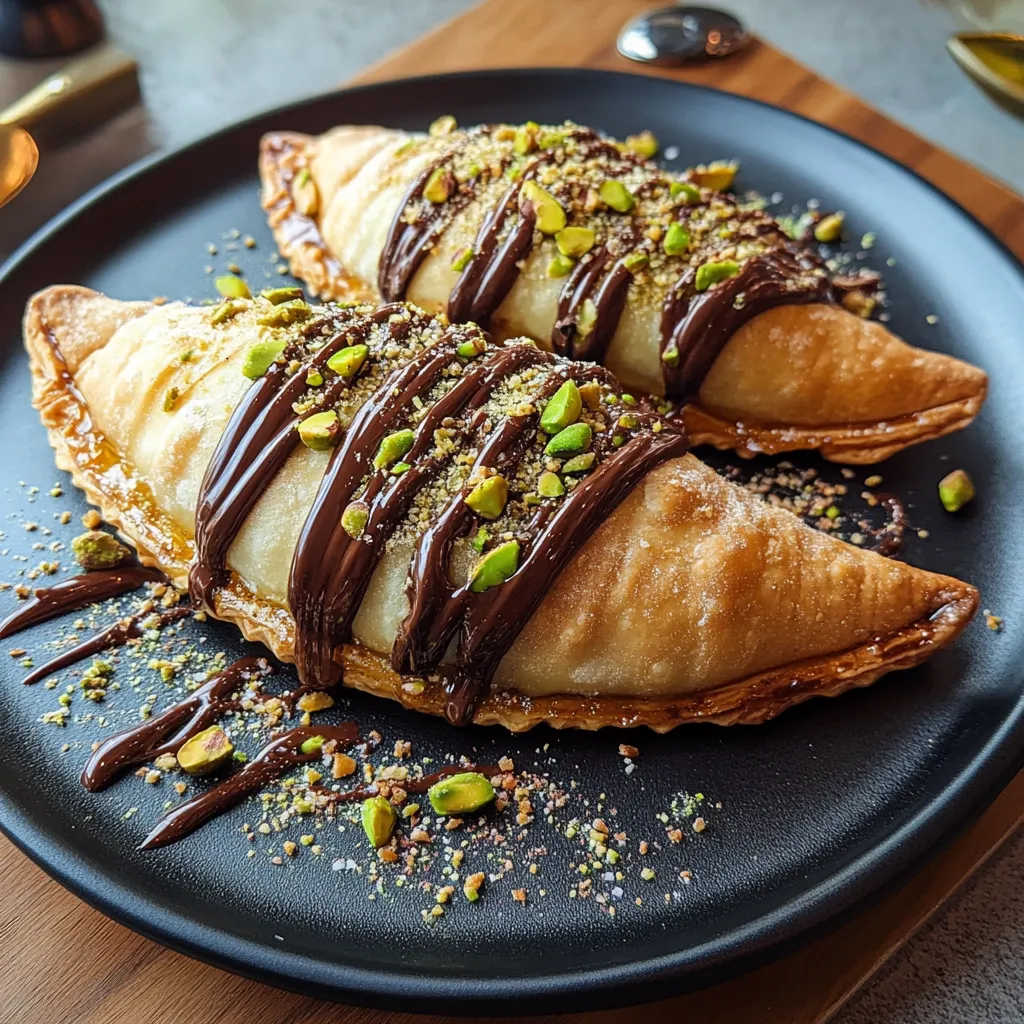 A plate of food with chocolate drizzled on top.
