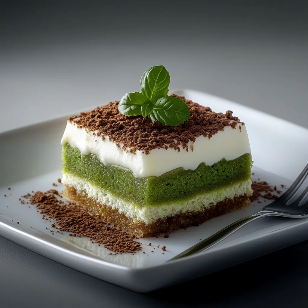 A slice of cake with mint leaves on top.