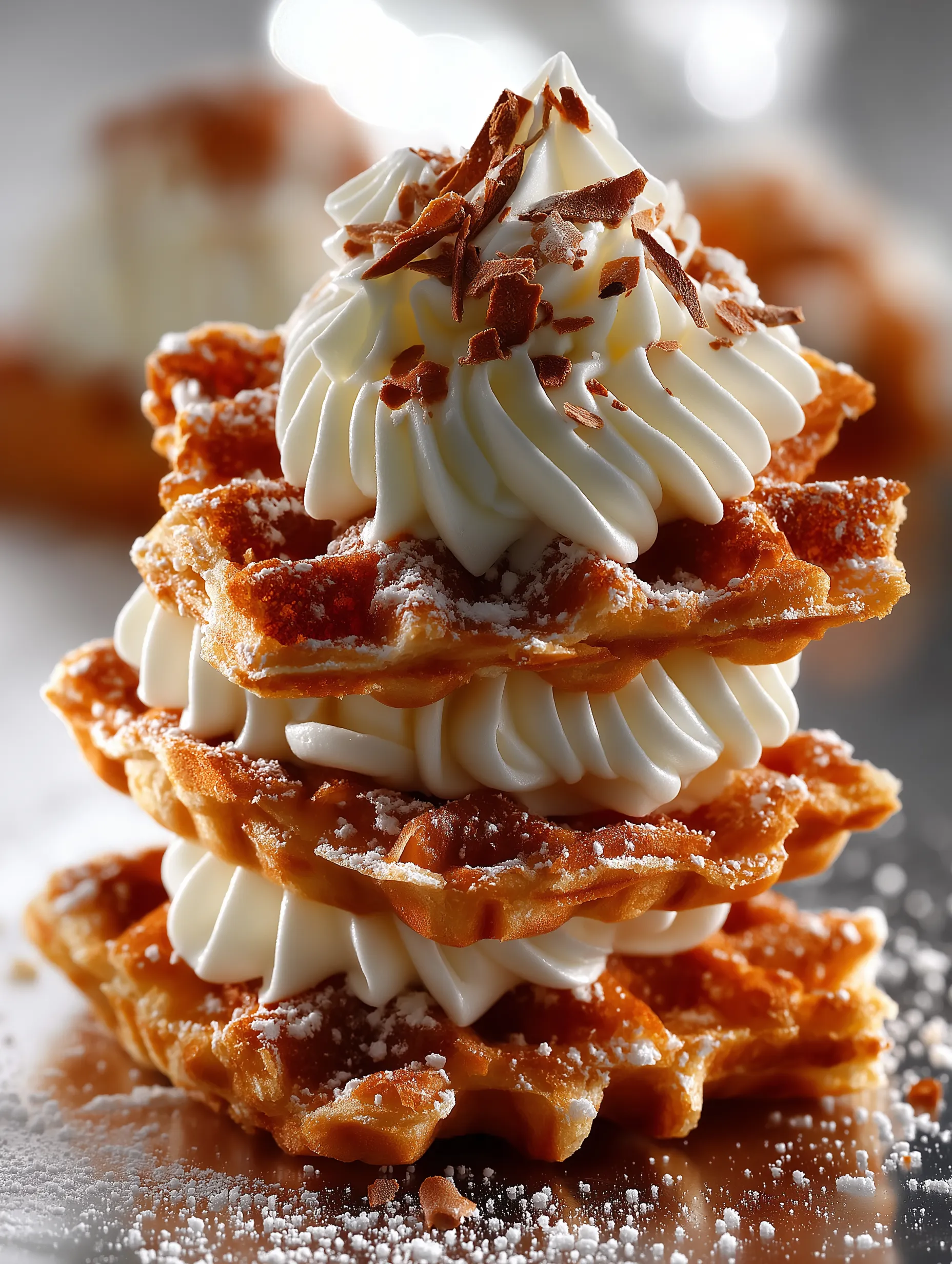 A stack of waffles with whipped cream on top.