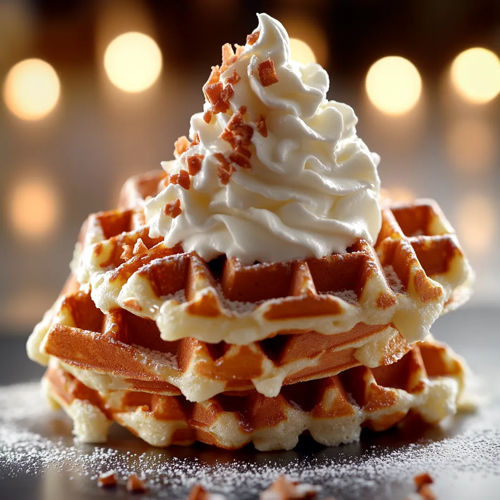 A stack of waffles with whipped cream on top.