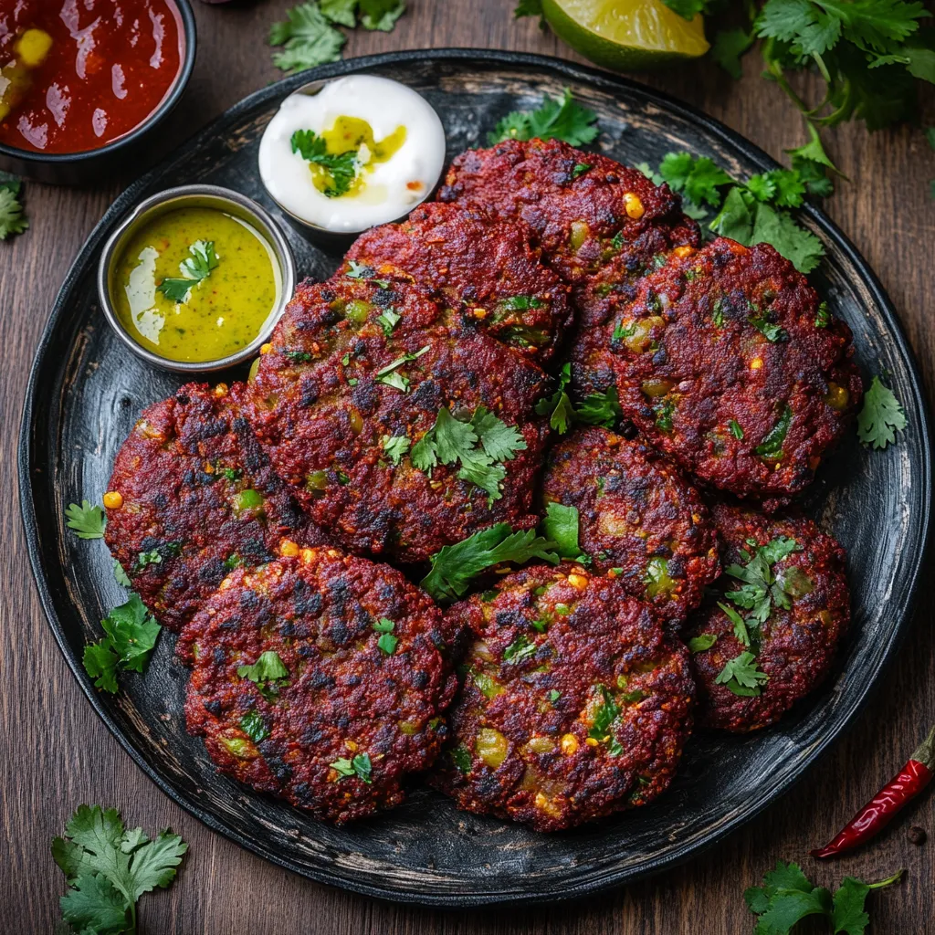 A plate of burgers with a side of salsa.