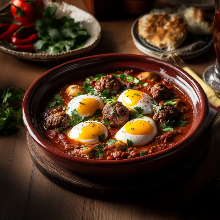 A bowl of food with eggs and meat.