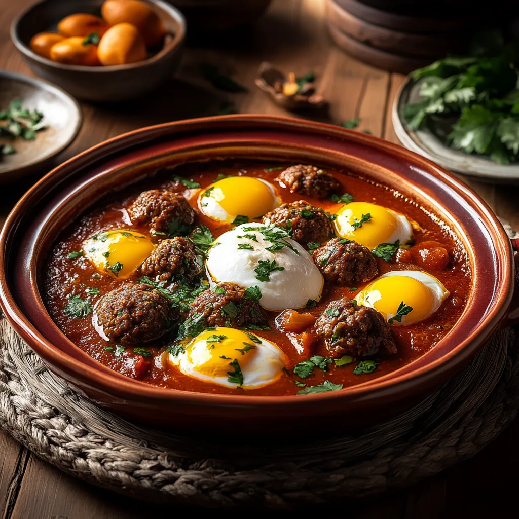 A bowl of food with eggs and meatballs.