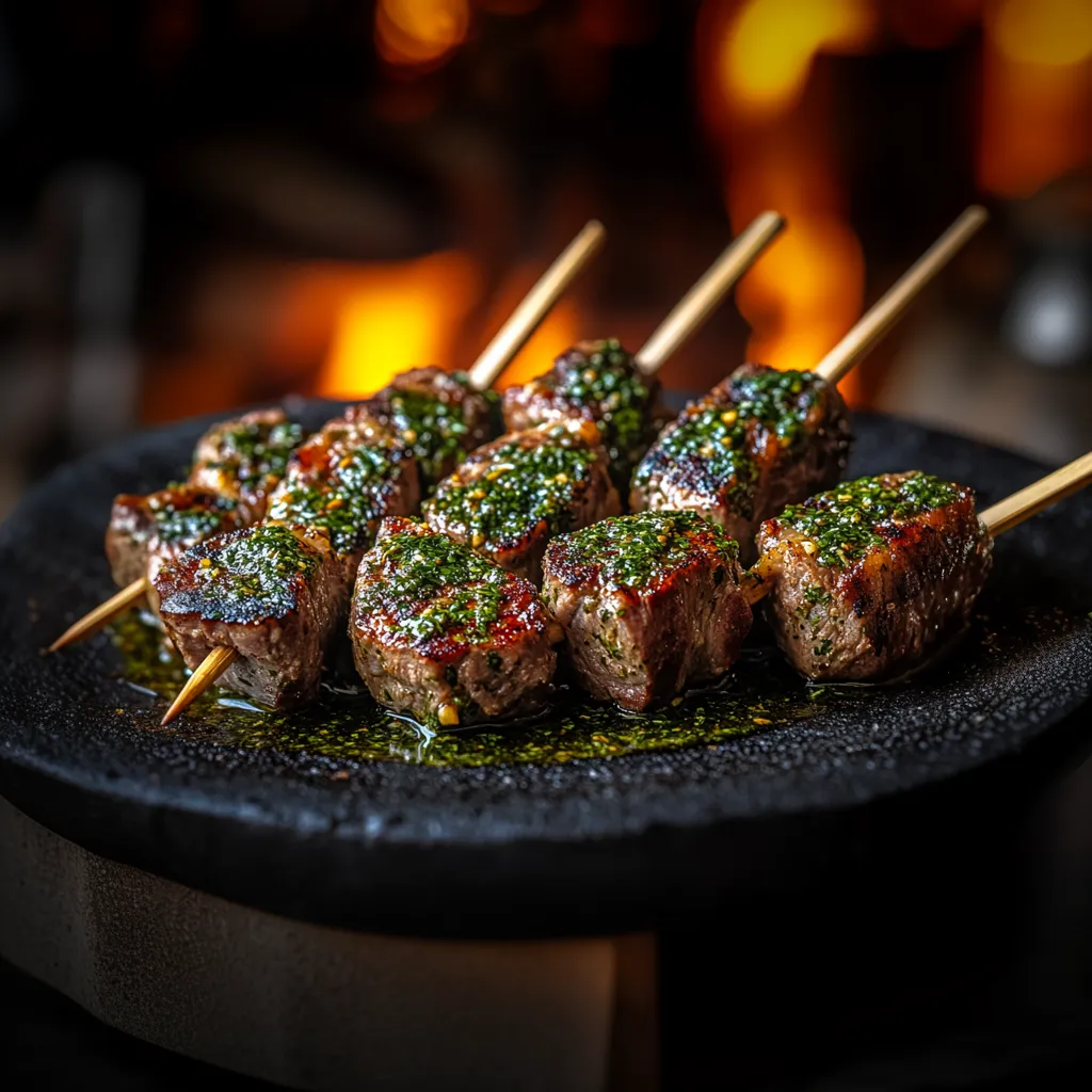 A plate of meat skewers with green toppings.
