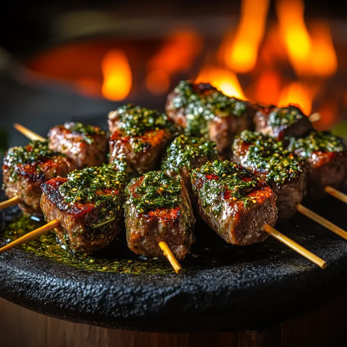 A plate of meat skewers with green toppings.