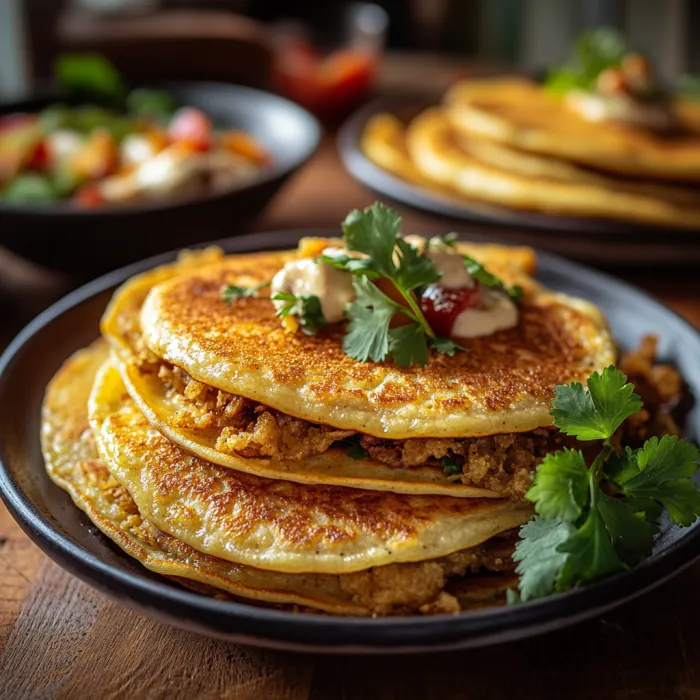 A stack of pancakes with butter and jelly on top.