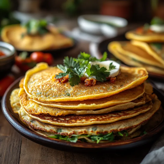 A stack of pancakes with a green garnish on top.