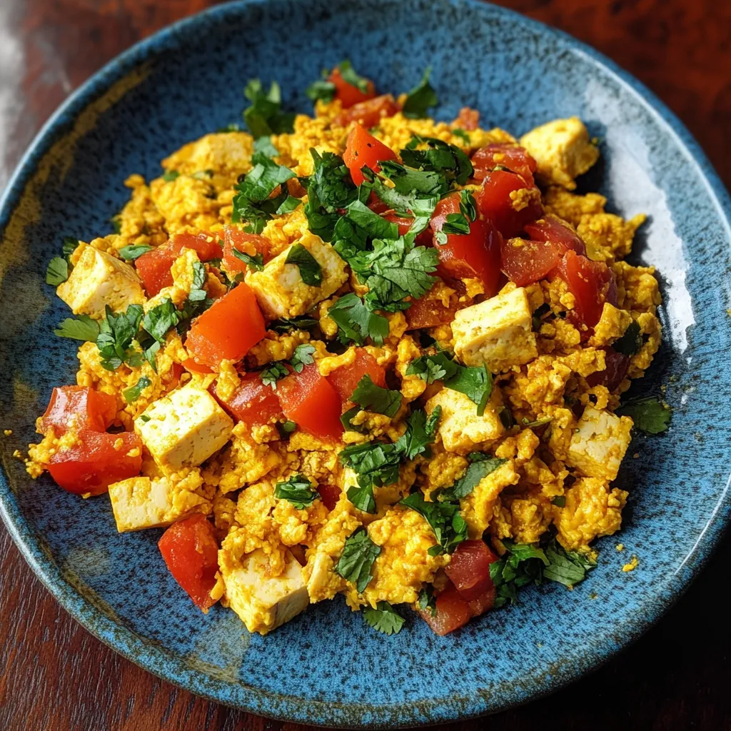 A plate of food with tomatoes, cilantro, and tofu.
