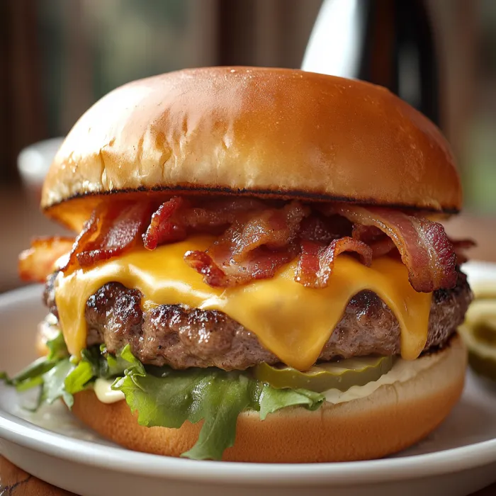 A cheeseburger with bacon and lettuce.