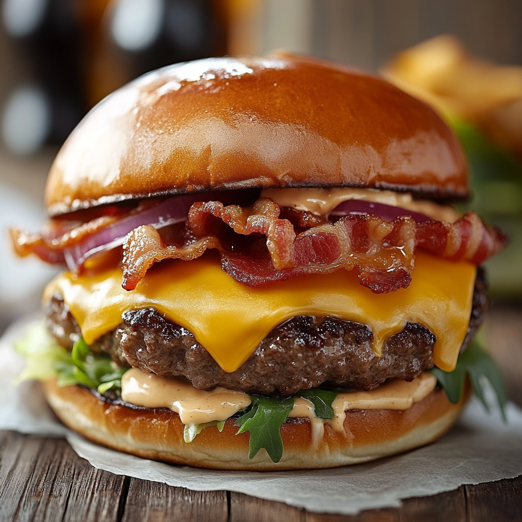 A burger with bacon and lettuce.