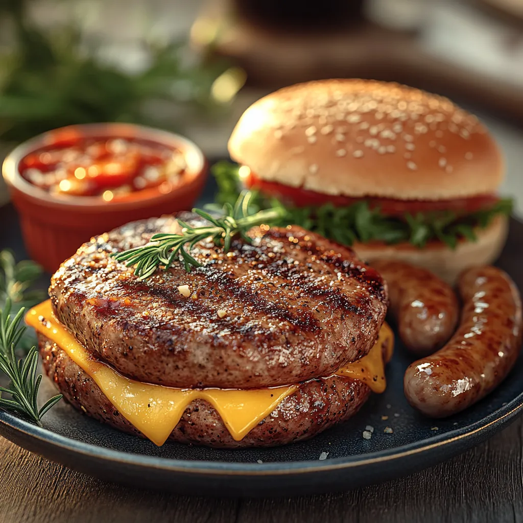 A plate of food with a hamburger, hot dog, and a side of ketchup.
