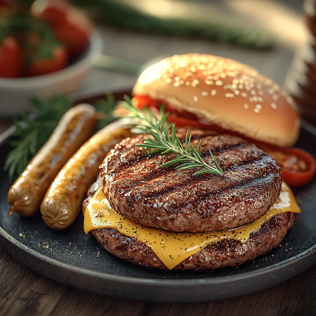 A hamburger with a hot dog on the side.