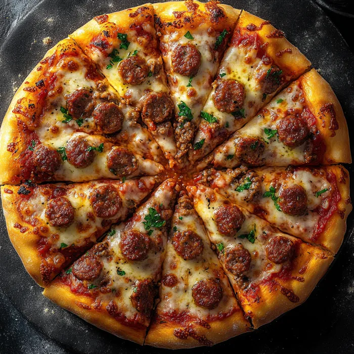 A pizza with pepperoni and sausage.