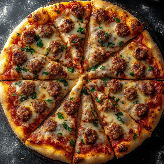 A pizza with meat and cheese on it.