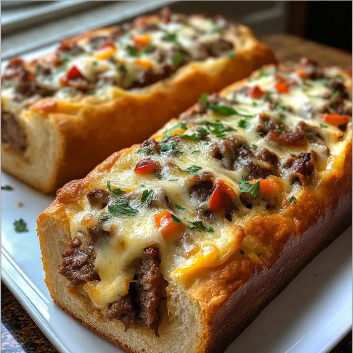 Two slices of meat and cheese sandwiches.