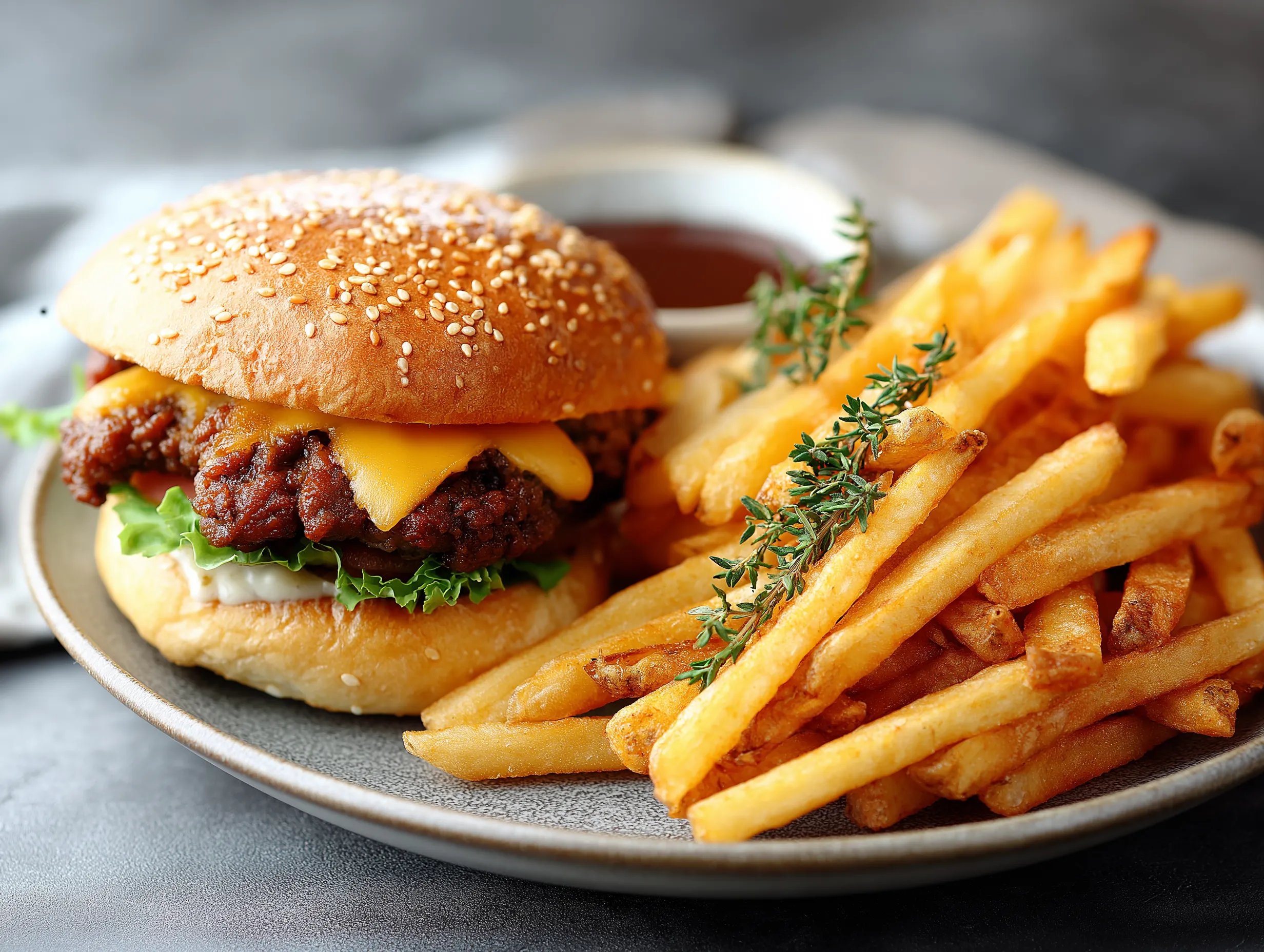 A burger with fries and a side of sauce.