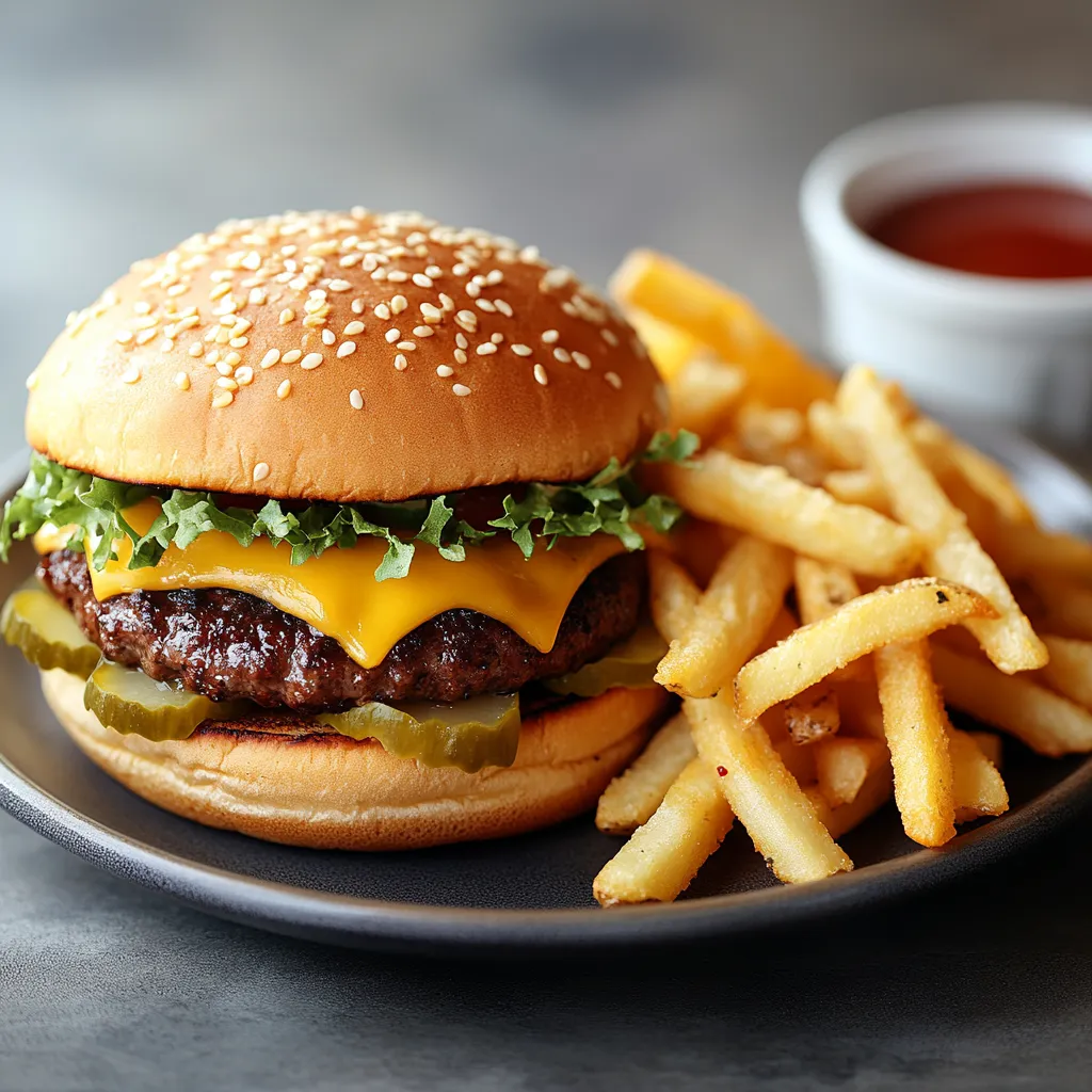 A burger and fries on a plate.