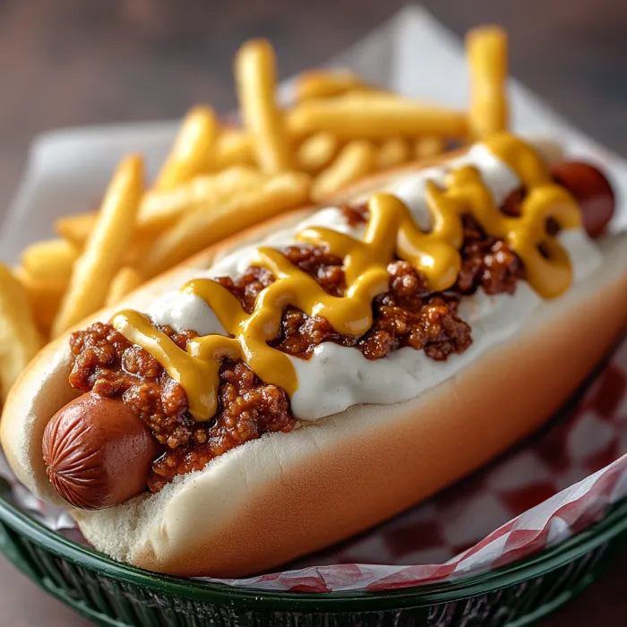 A hot dog with chili and mustard on a bun.