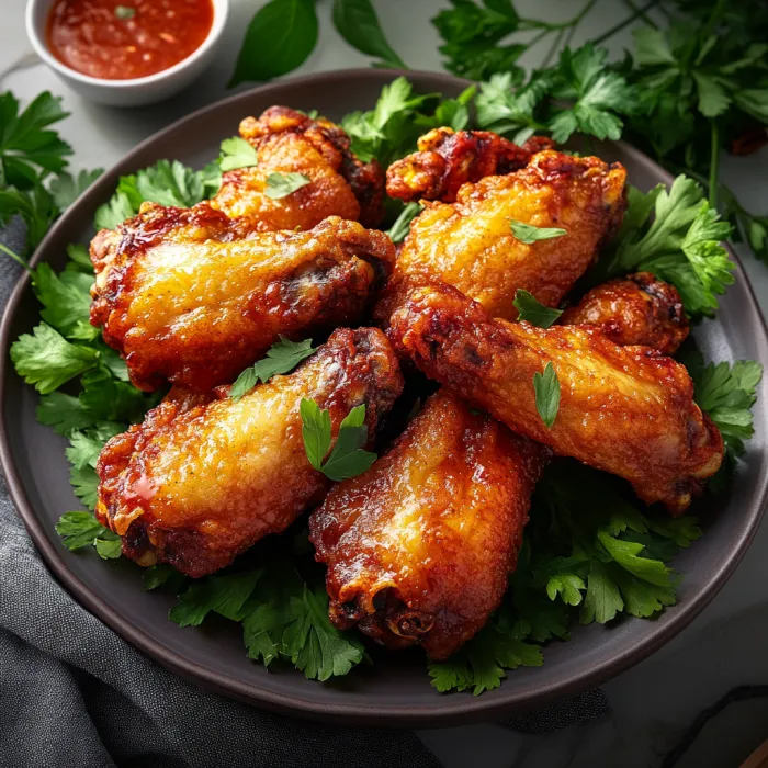 A plate of chicken wings with sauce.