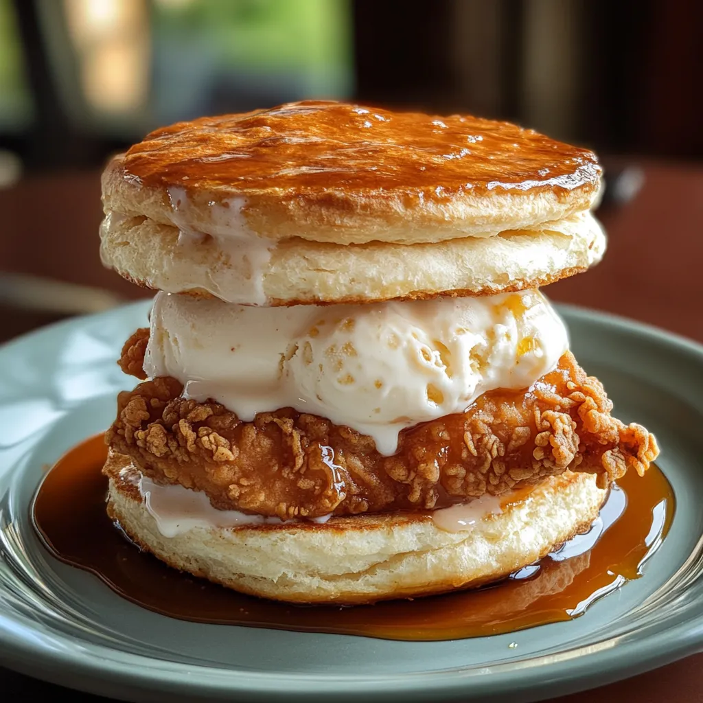 A chicken sandwich with a bun and ice cream.