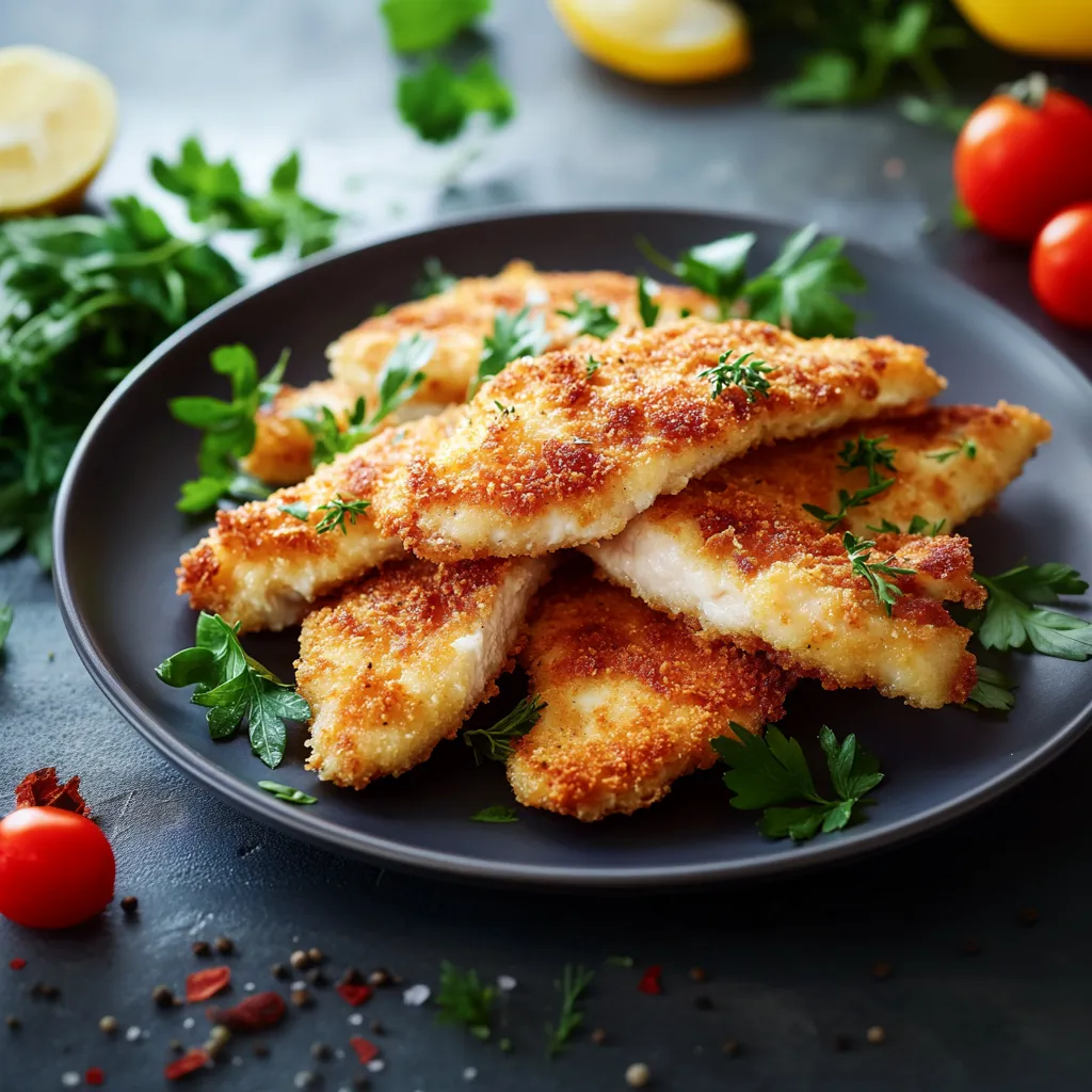 A plate of breaded fish with lemon wedges on the side.