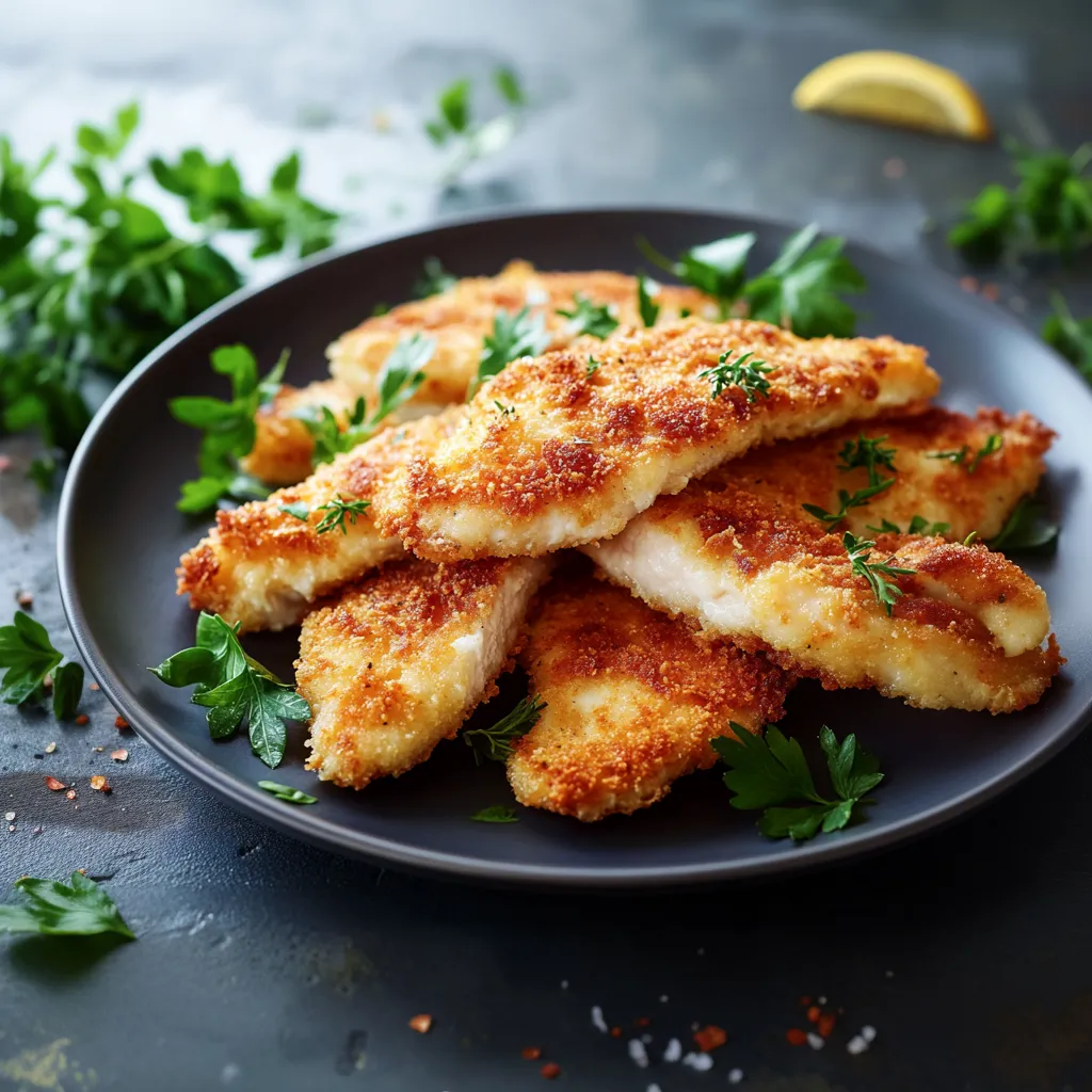 A plate of breaded fish with herbs on top.