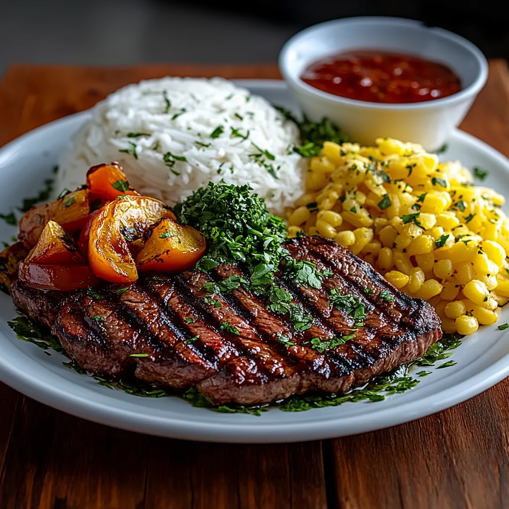A plate of food with rice, corn, tomatoes, and meat.