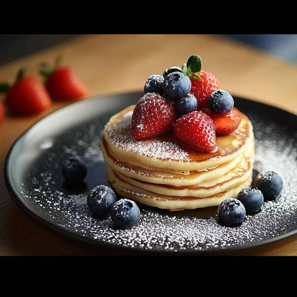 A stack of pancakes with strawberries and blueberries on top.