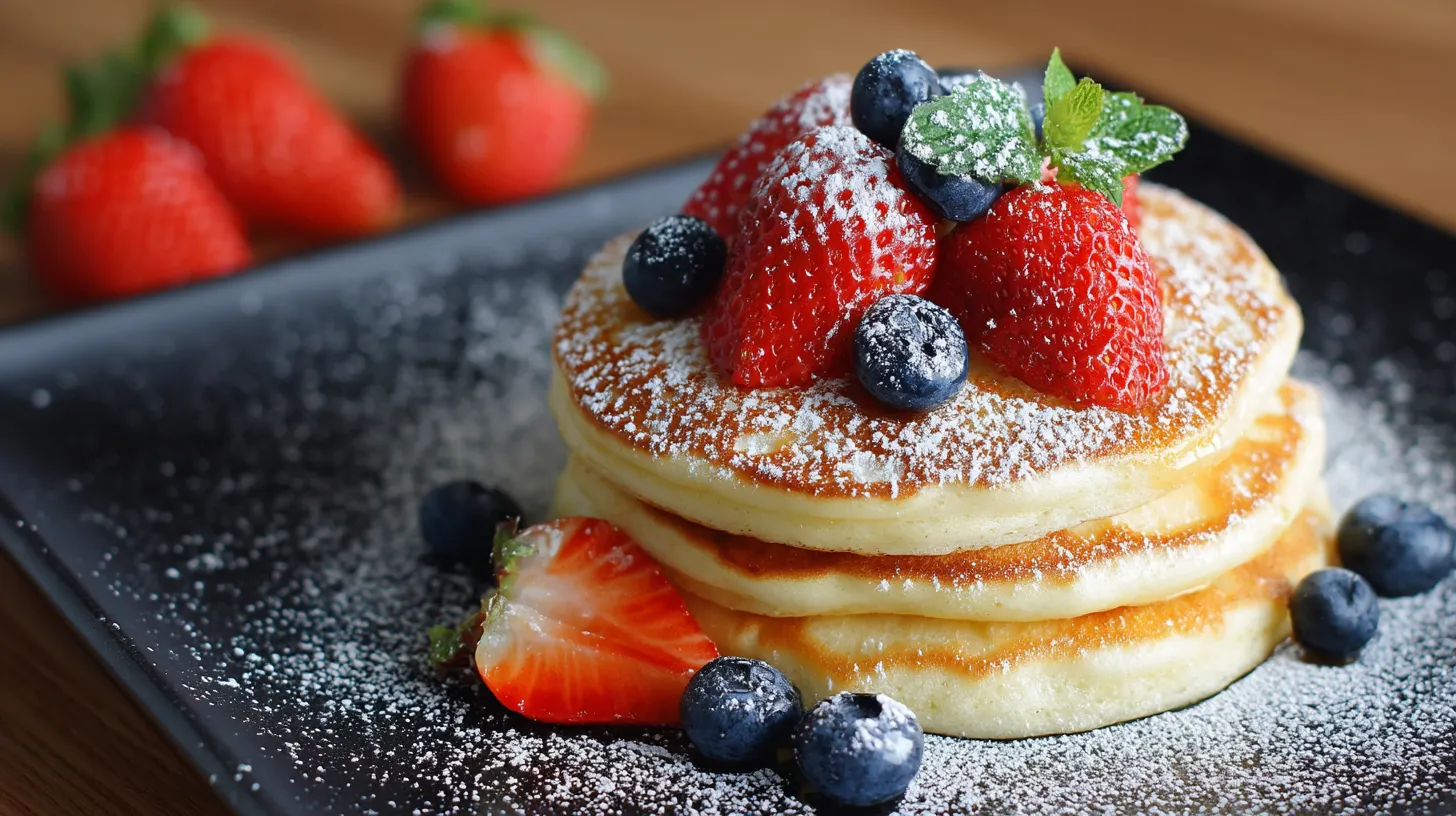 A stack of pancakes with strawberries and blueberries on top.