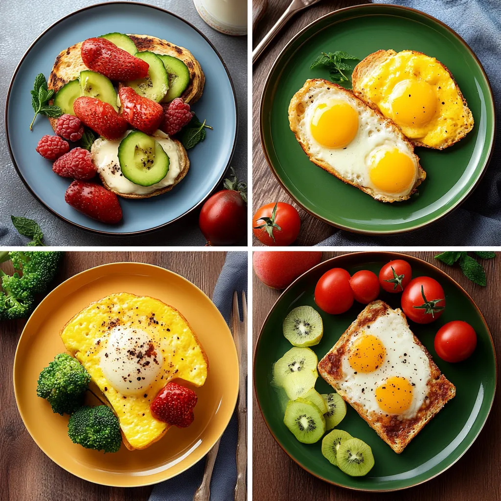 Four plates of food with eggs, toast, and fruit.