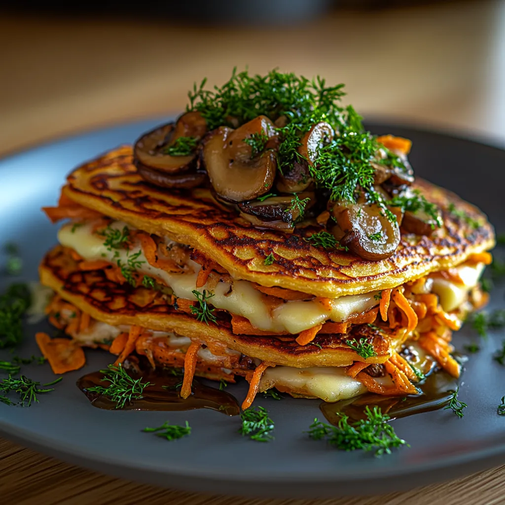 A stack of pancakes with mushrooms on top.