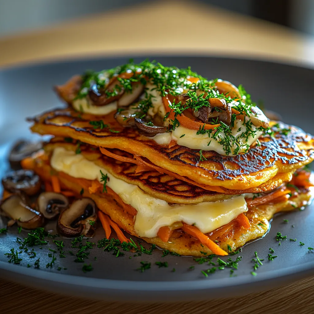 A stack of pancakes with vegetables on top.