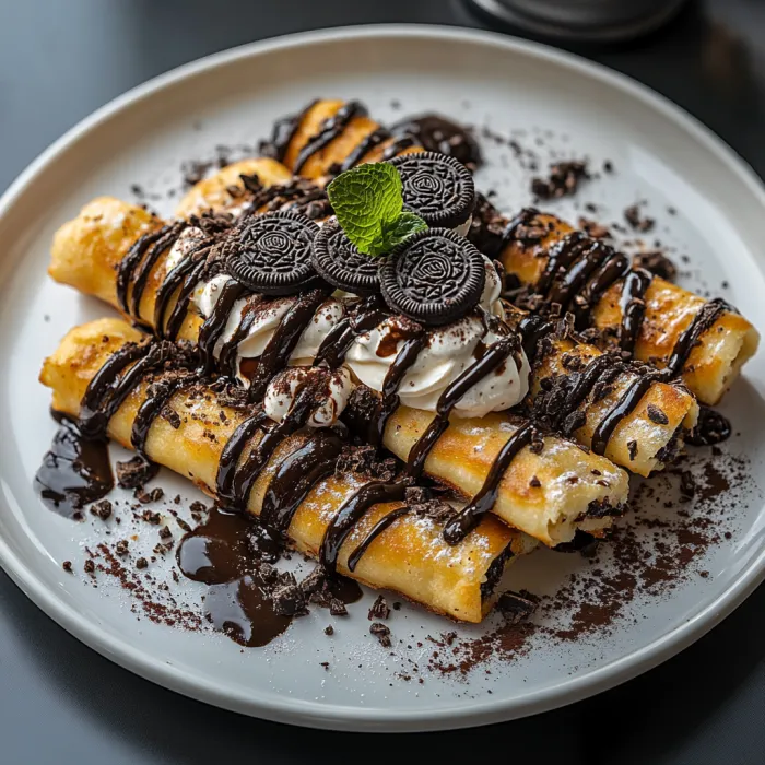 A plate of food with chocolate drizzled on it.