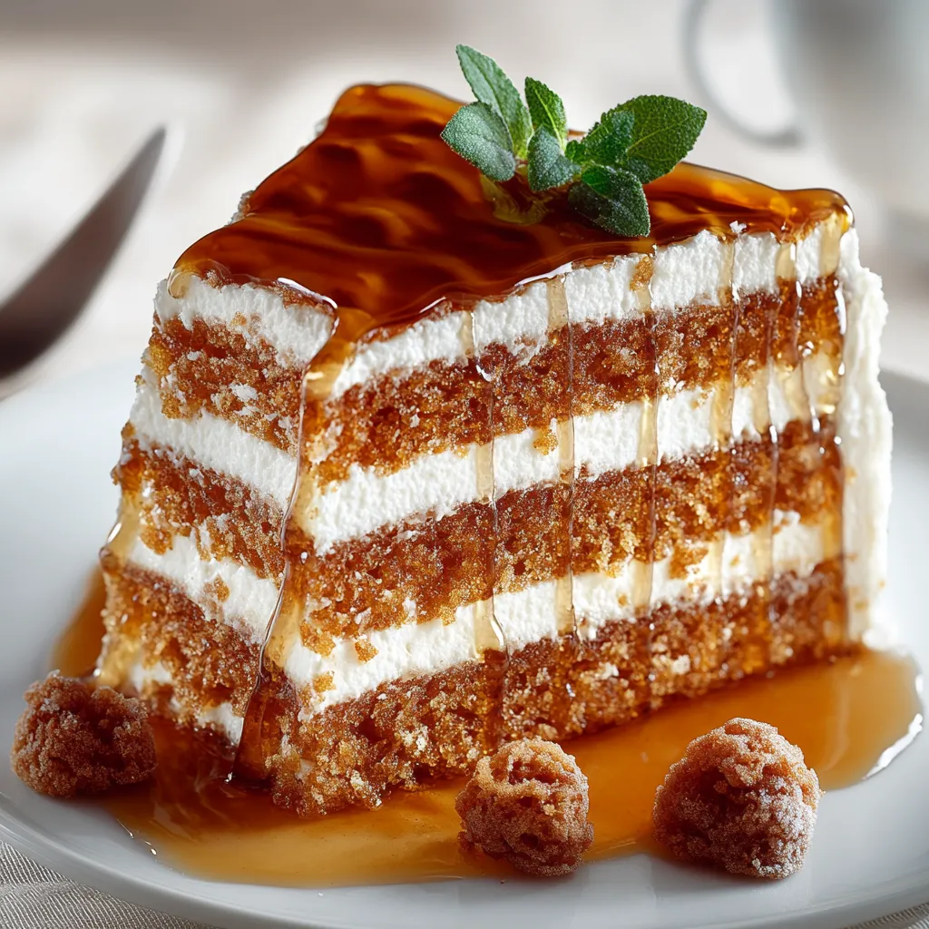 A slice of cake with caramel sauce.