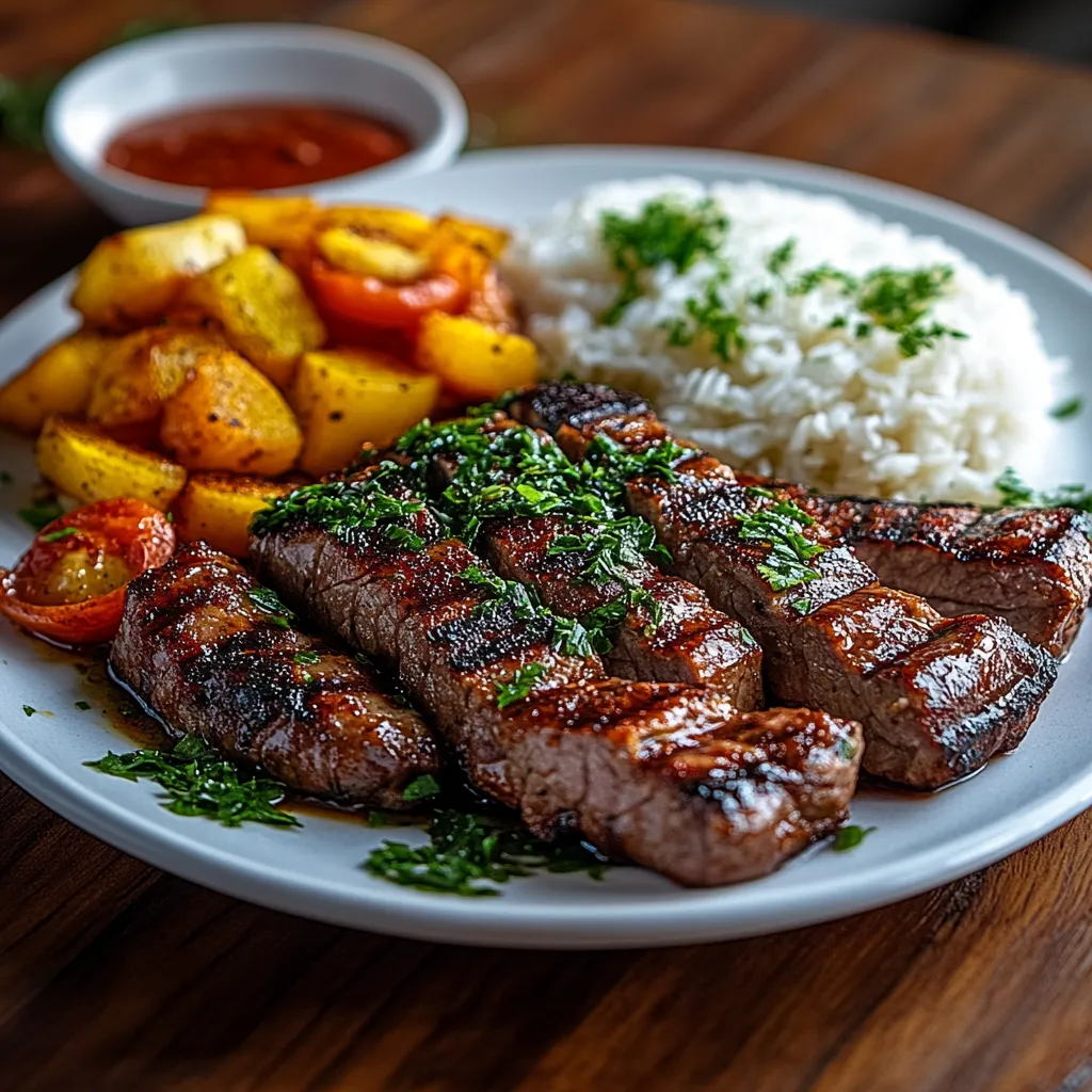 A plate of food with rice, meat, and vegetables.